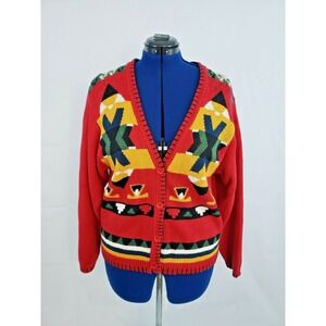 Beyond Blue women's Colorful Geometric‎ Print Sweater Cardigan Size Medium L64